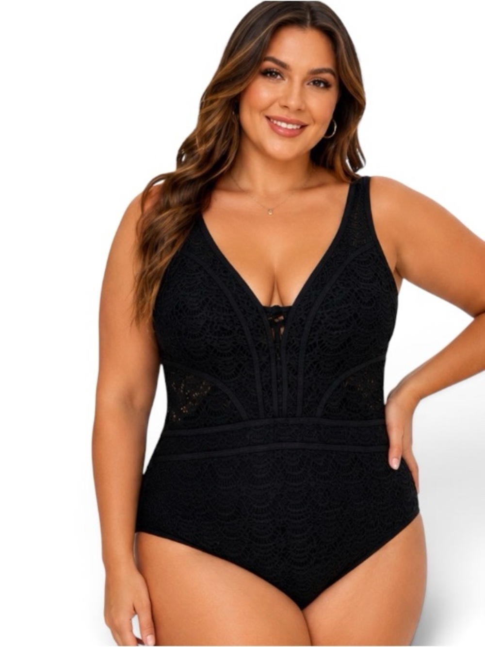 BECCA Black Crochet Lace One Piece Swimsuit 3X Plus Plunge Tie Back Boho Beach